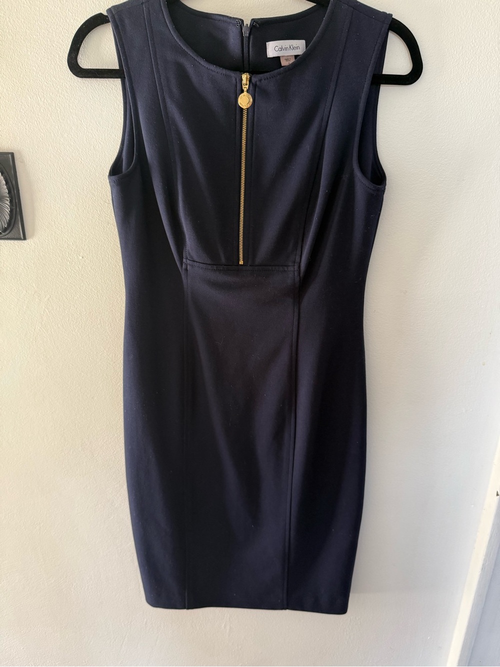 Calvin Klein Navy Sleeveless Sheath Dress with Gold Zip